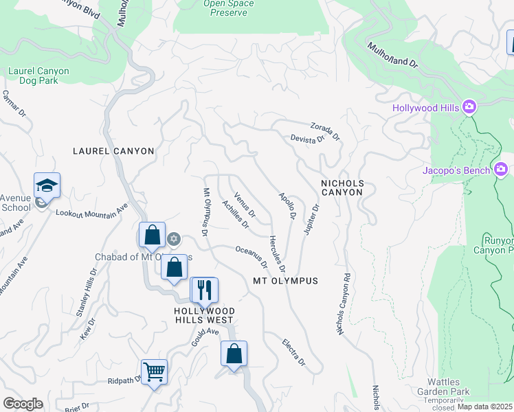 map of restaurants, bars, coffee shops, grocery stores, and more near 2367 Hercules Drive in Los Angeles