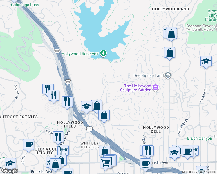 map of restaurants, bars, coffee shops, grocery stores, and more near 2355 Holly Drive in Los Angeles