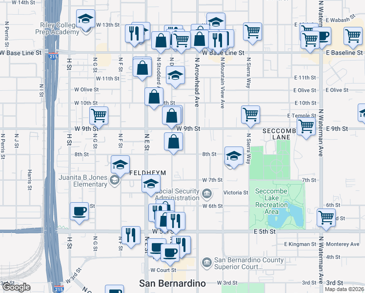 map of restaurants, bars, coffee shops, grocery stores, and more near 828 North Mayfield Avenue in San Bernardino