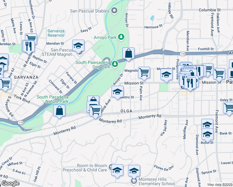 map of restaurants, bars, coffee shops, grocery stores, and more near 341 Pasadena Avenue in South Pasadena