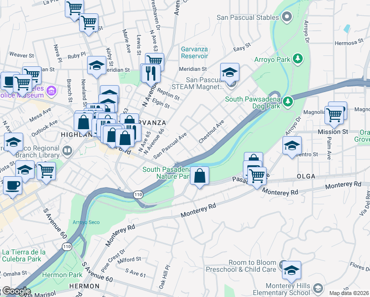 map of restaurants, bars, coffee shops, grocery stores, and more near 1525 Princess Drive in Glendale