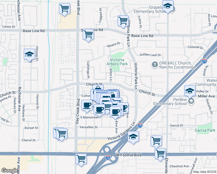 map of restaurants, bars, coffee shops, grocery stores, and more near 7647 Creole Place in Rancho Cucamonga