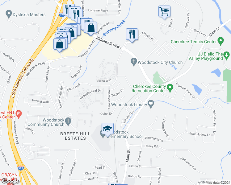 map of restaurants, bars, coffee shops, grocery stores, and more near 309 Tuggle Court in Woodstock