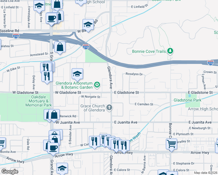 map of restaurants, bars, coffee shops, grocery stores, and more near 1343 South Glendora Avenue in Glendora