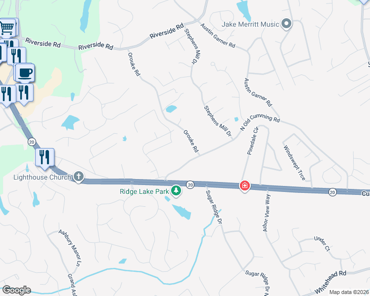 map of restaurants, bars, coffee shops, grocery stores, and more near 5600 Orouke Road in Sugar Hill