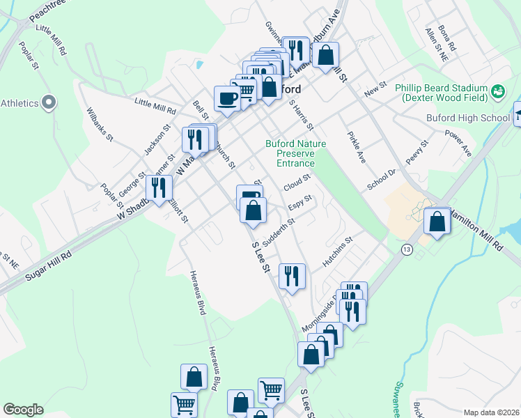 map of restaurants, bars, coffee shops, grocery stores, and more near 425 South Church Street in Buford