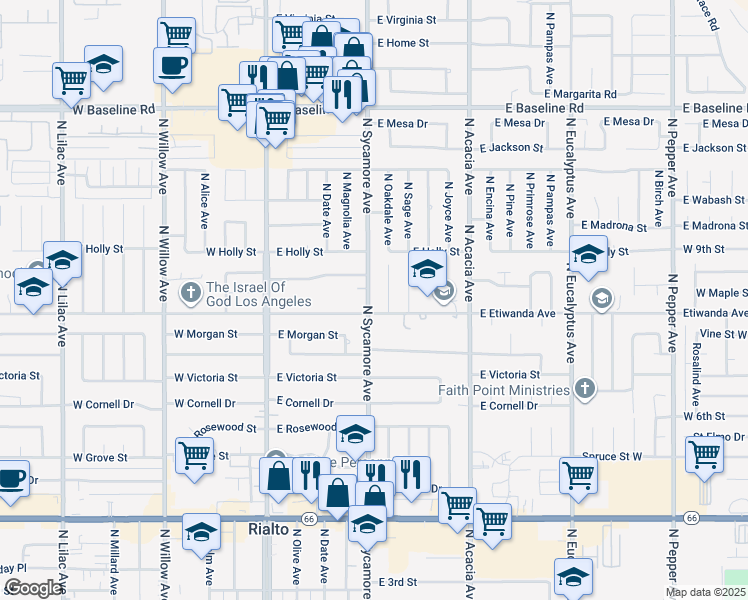 map of restaurants, bars, coffee shops, grocery stores, and more near 811 North Sycamore Avenue in Rialto
