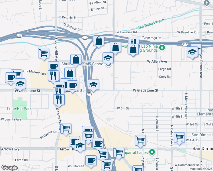 map of restaurants, bars, coffee shops, grocery stores, and more near 719 North Bradish Avenue in San Dimas