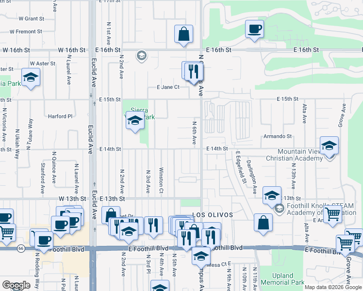 map of restaurants, bars, coffee shops, grocery stores, and more near 589 East 14th Street in Upland