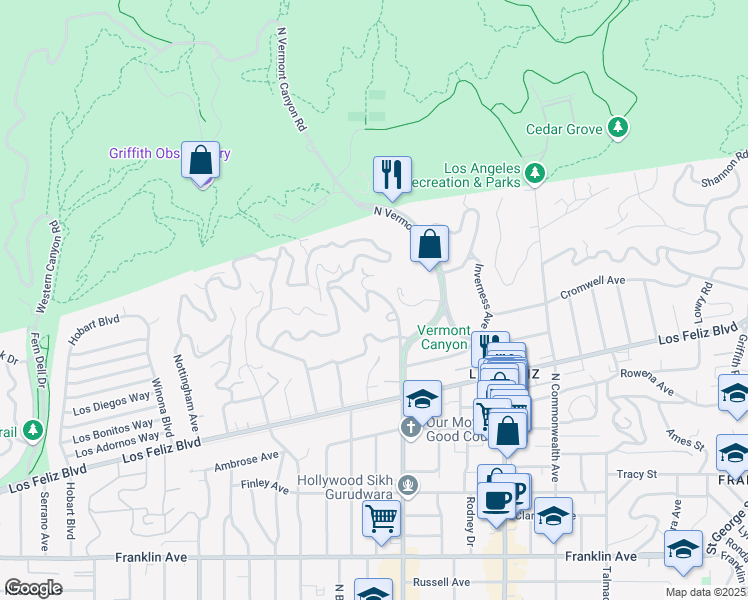 map of restaurants, bars, coffee shops, grocery stores, and more near 2467 Glendower Avenue in Los Angeles