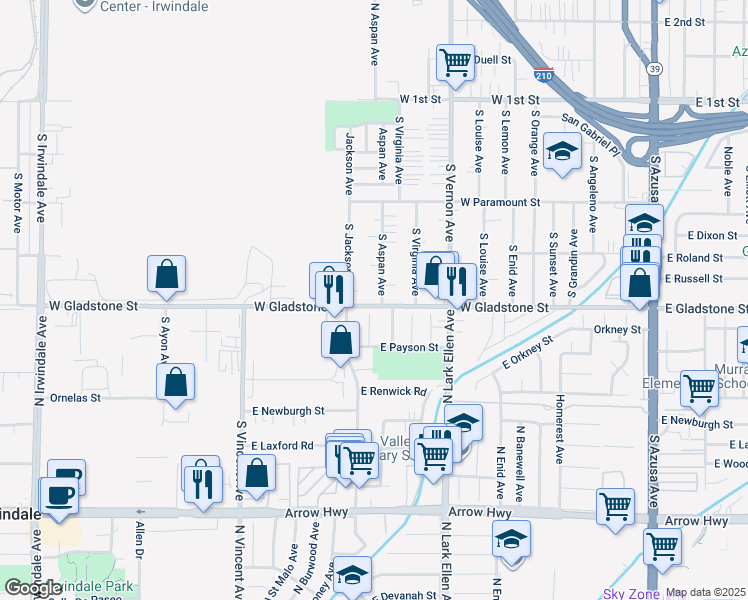 map of restaurants, bars, coffee shops, grocery stores, and more near 905 West Gladstone Street in Azusa