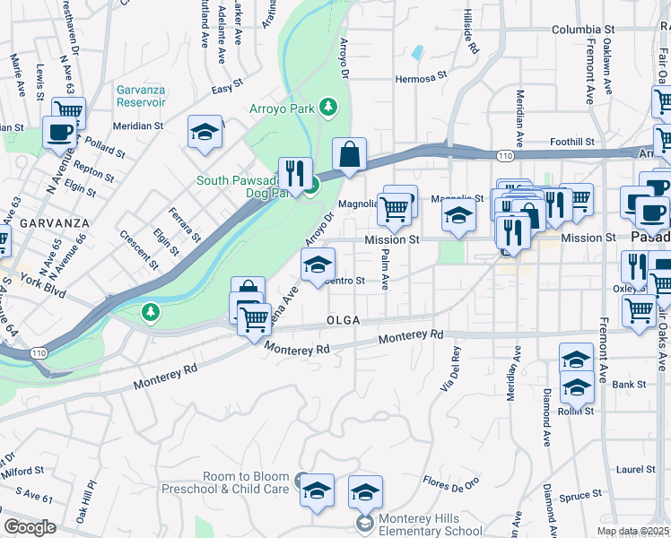 map of restaurants, bars, coffee shops, grocery stores, and more near 402 El Centro Street in South Pasadena