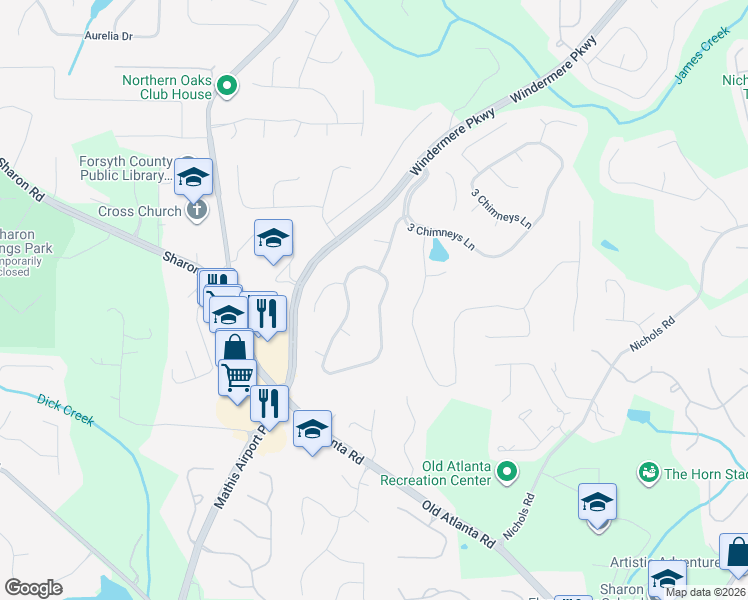 map of restaurants, bars, coffee shops, grocery stores, and more near 3860 Mantle Ridge Drive in Cumming