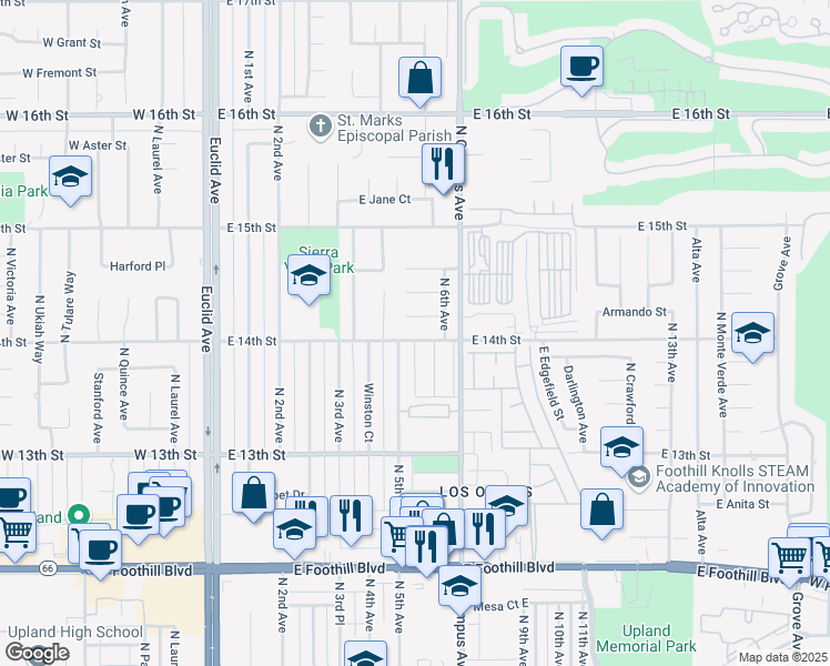 map of restaurants, bars, coffee shops, grocery stores, and more near 589 East 14th Street in Upland