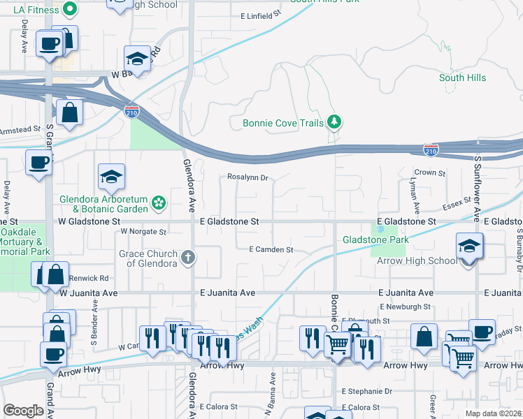 map of restaurants, bars, coffee shops, grocery stores, and more near 237 Essex Street in Glendora
