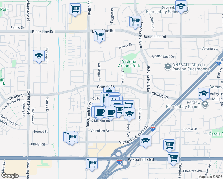 map of restaurants, bars, coffee shops, grocery stores, and more near 12444 Benton Drive in Rancho Cucamonga