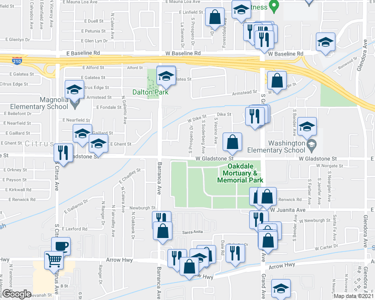 map of restaurants, bars, coffee shops, grocery stores, and more near 1343 South Prospero Drive in Glendora