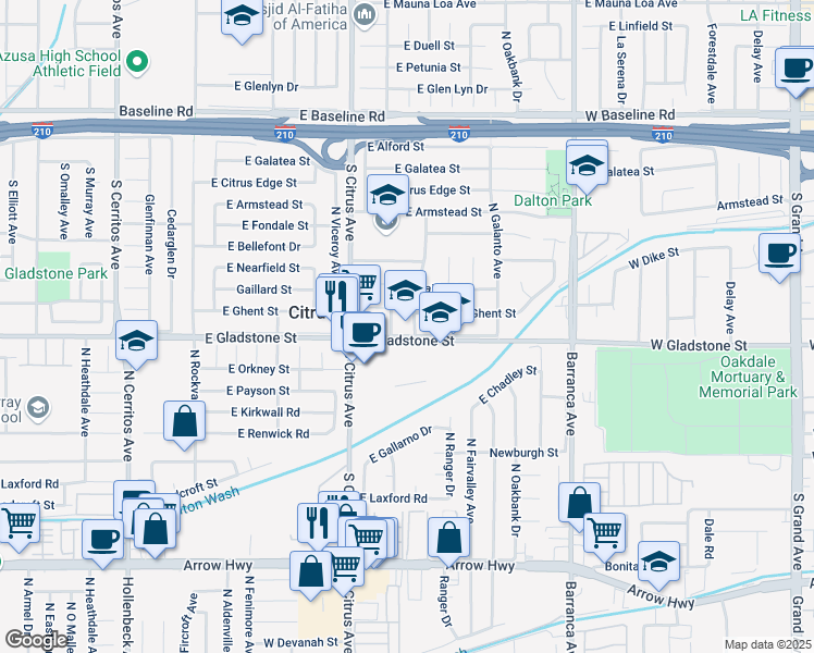 map of restaurants, bars, coffee shops, grocery stores, and more near 443 South Fairvale Avenue in Azusa