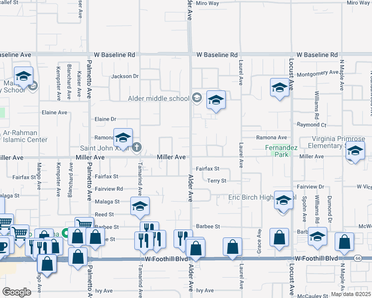 map of restaurants, bars, coffee shops, grocery stores, and more near 7670 Alder Avenue in Fontana