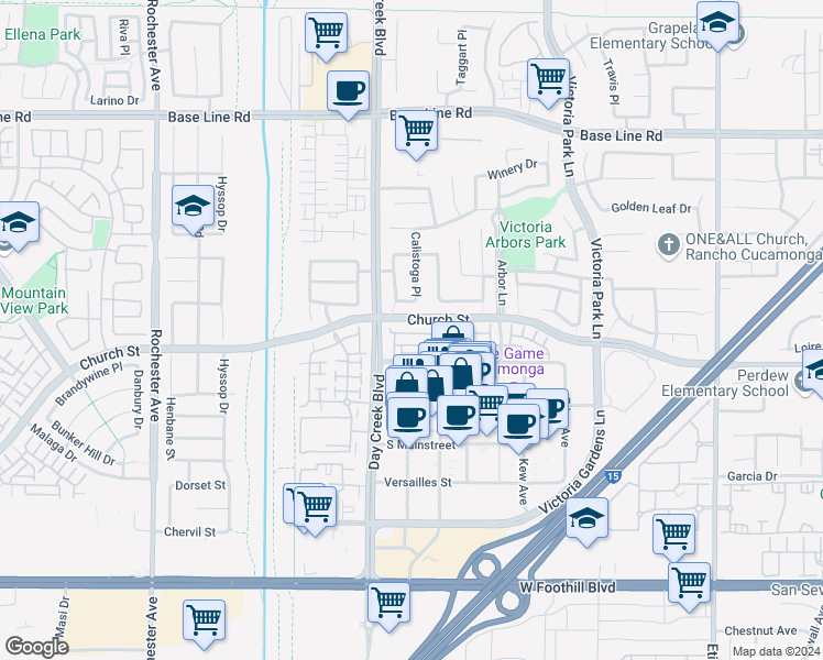 map of restaurants, bars, coffee shops, grocery stores, and more near 12356 Hollyhock Drive in Rancho Cucamonga