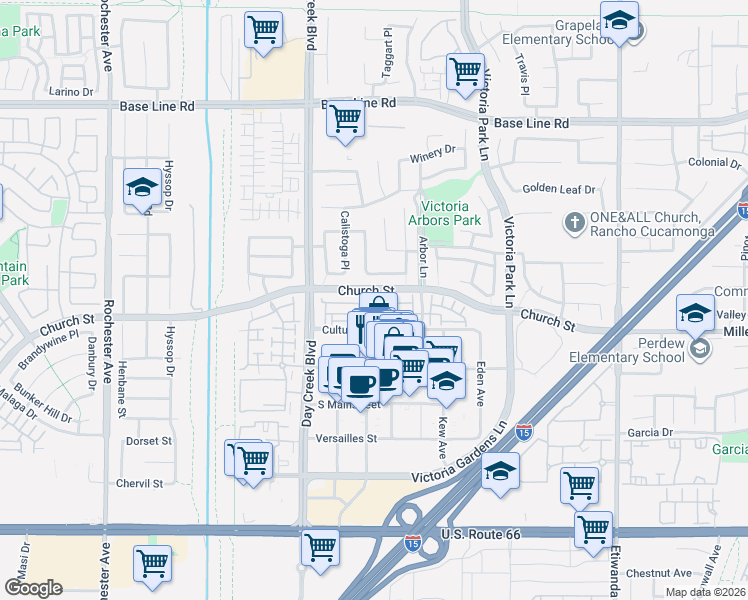 map of restaurants, bars, coffee shops, grocery stores, and more near 12422 Benton Drive in Rancho Cucamonga