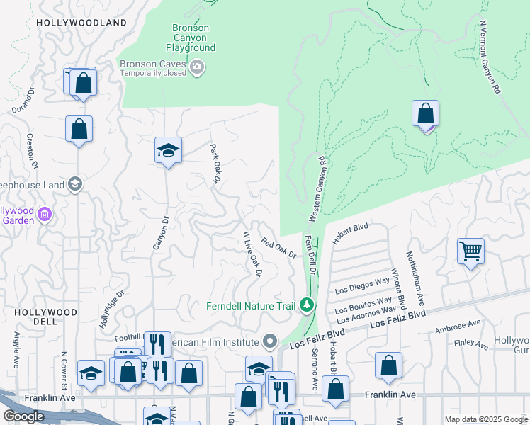 map of restaurants, bars, coffee shops, grocery stores, and more near 5514 Ridge Oak Drive in Los Angeles