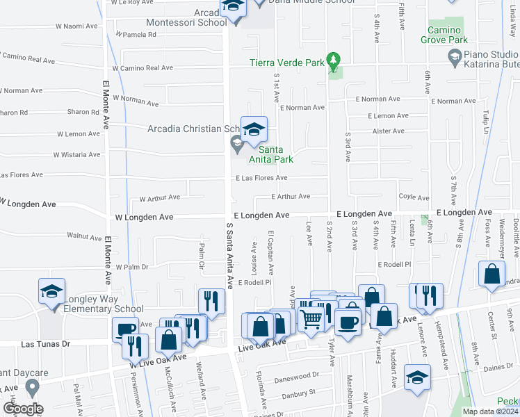 map of restaurants, bars, coffee shops, grocery stores, and more near 2126 Louise Avenue in Arcadia