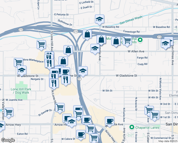 map of restaurants, bars, coffee shops, grocery stores, and more near 715 North Aguirre Avenue in San Dimas