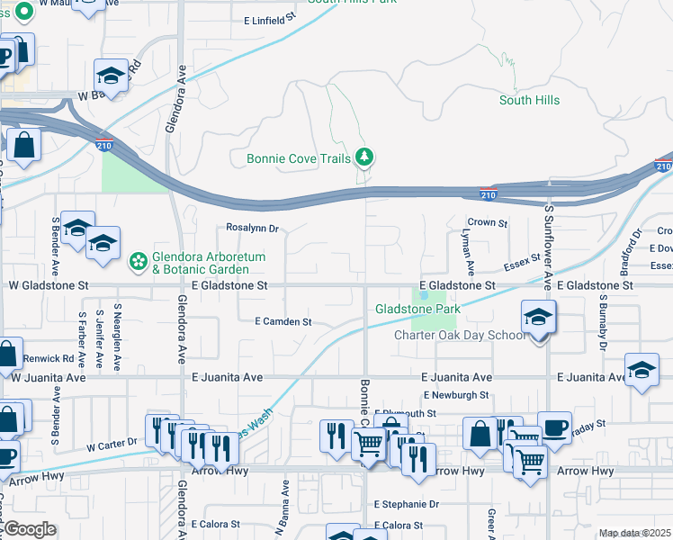 map of restaurants, bars, coffee shops, grocery stores, and more near 435 East Gladstone Street in Glendora