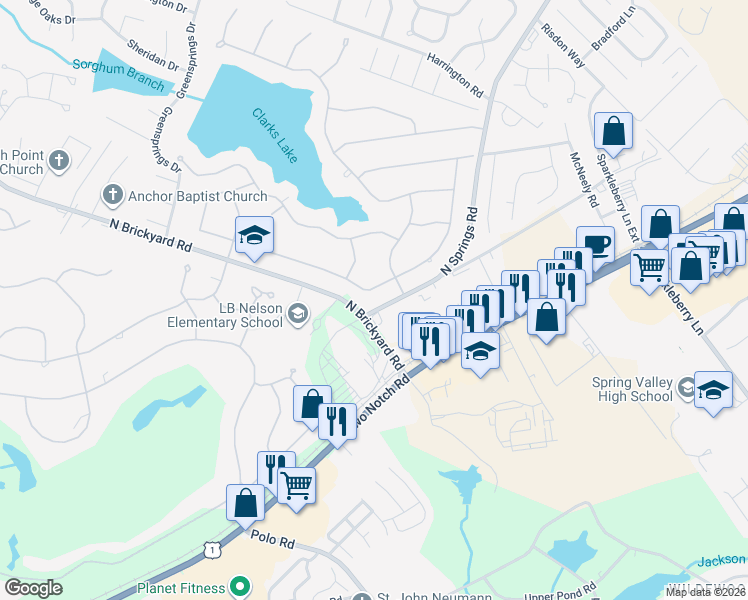 map of restaurants, bars, coffee shops, grocery stores, and more near 312 Valley Springs Road in Columbia