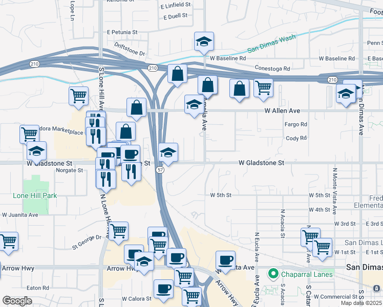 map of restaurants, bars, coffee shops, grocery stores, and more near 719 North Bradish Avenue in San Dimas