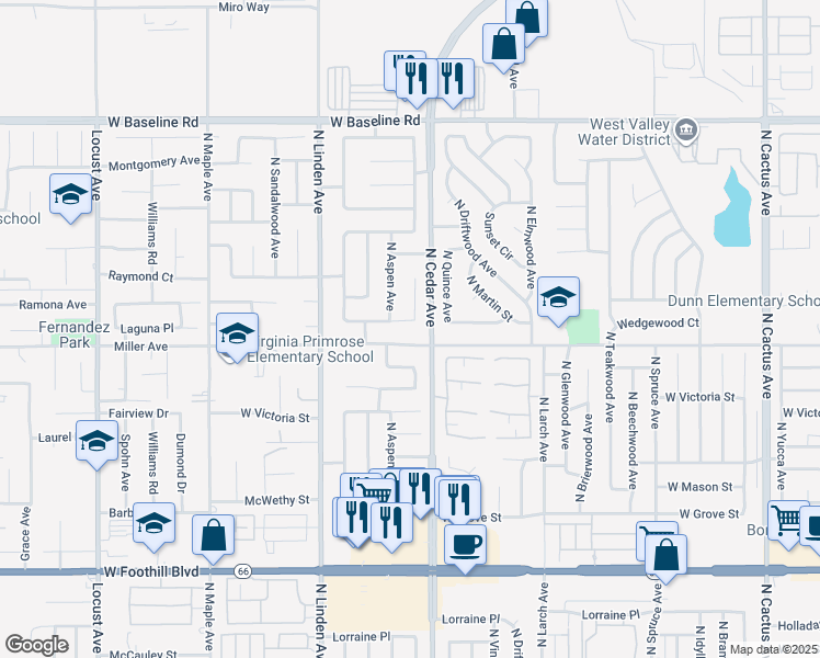 map of restaurants, bars, coffee shops, grocery stores, and more near 1329 West Wedgewood Street in Rialto
