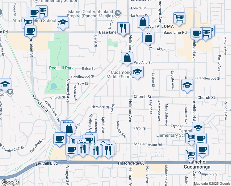 map of restaurants, bars, coffee shops, grocery stores, and more near 7679 Lion Street in Rancho Cucamonga