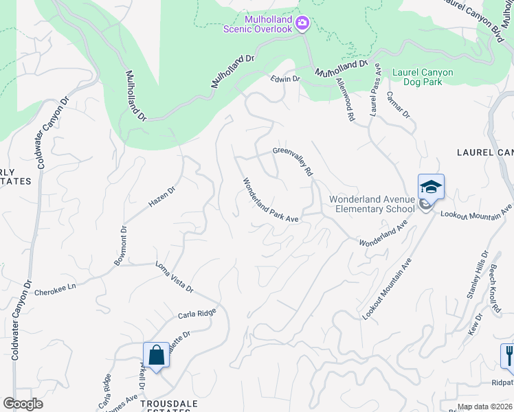 map of restaurants, bars, coffee shops, grocery stores, and more near 8952 Wonderland Park Avenue in Los Angeles