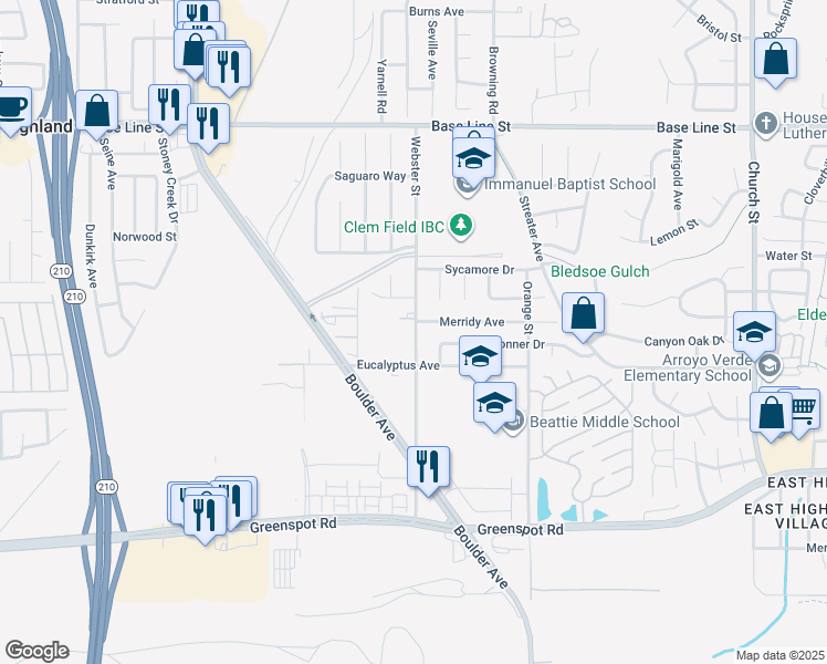 map of restaurants, bars, coffee shops, grocery stores, and more near 7642 Webster Street in Highland