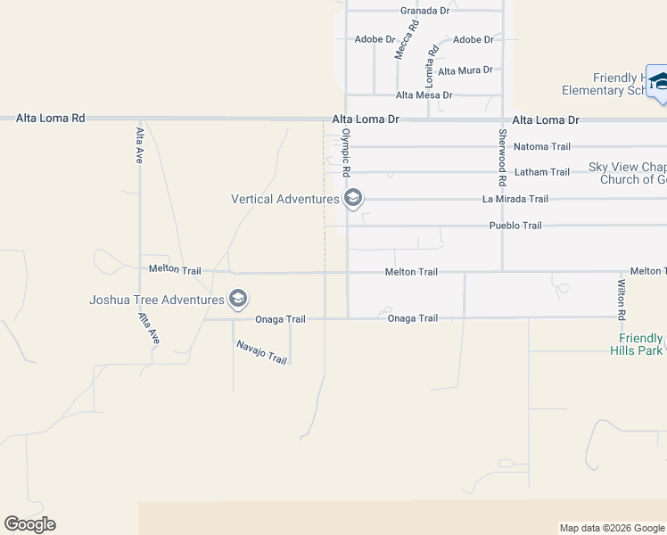 map of restaurants, bars, coffee shops, grocery stores, and more near 7586 Olympic Road in Joshua Tree