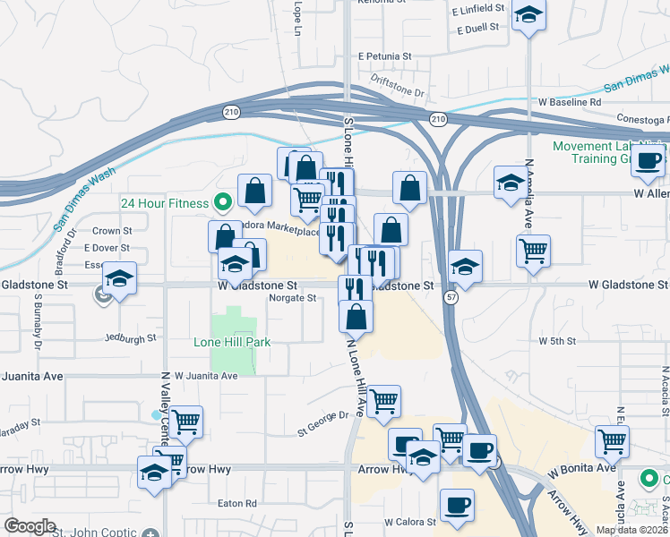 map of restaurants, bars, coffee shops, grocery stores, and more near 1331 South Lone Hill Avenue in Glendora