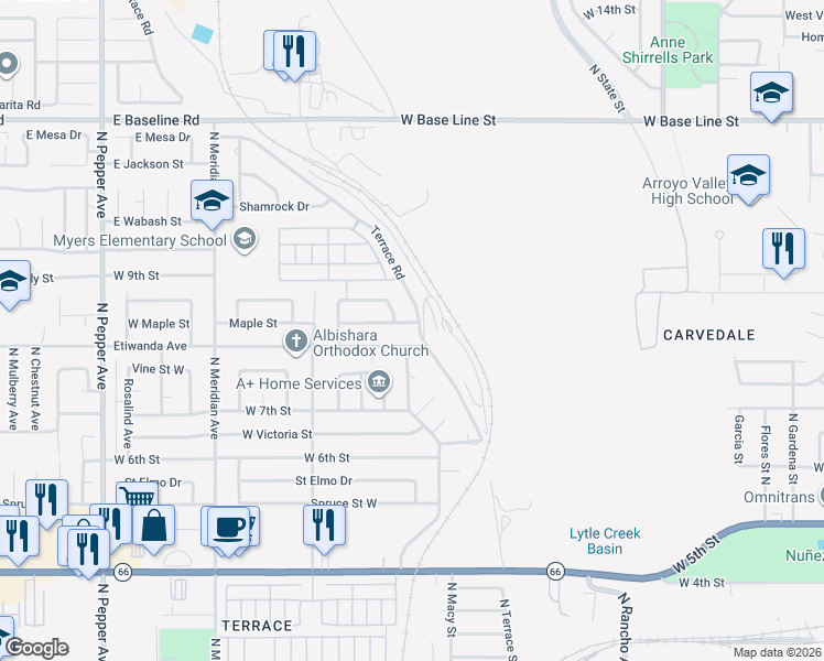map of restaurants, bars, coffee shops, grocery stores, and more near 818 Terrace Road in San Bernardino