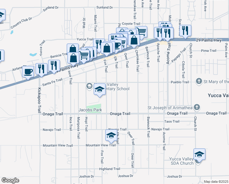 map of restaurants, bars, coffee shops, grocery stores, and more near 7552 Elk Trail in Yucca Valley