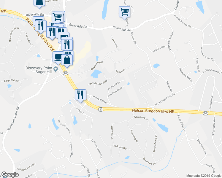 map of restaurants, bars, coffee shops, grocery stores, and more near 5633 Benefield Road Northeast in Buford