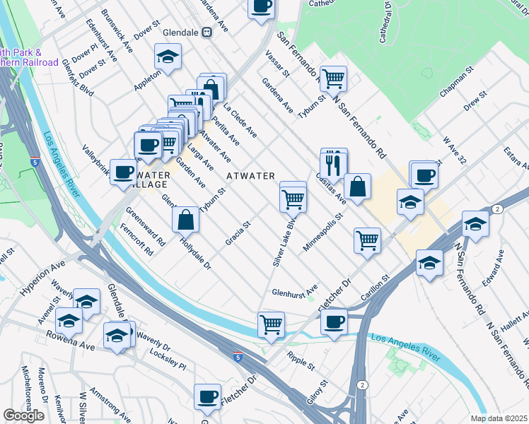 map of restaurants, bars, coffee shops, grocery stores, and more near 3210 Gracia Street in Los Angeles