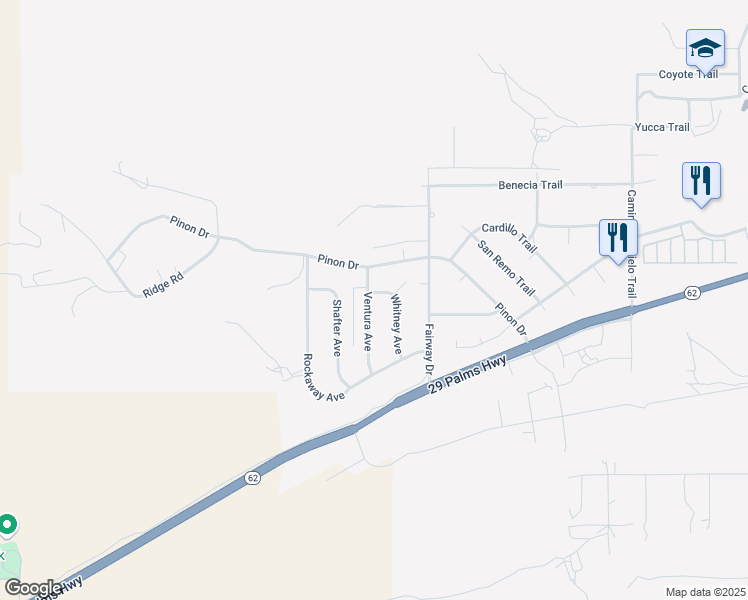 map of restaurants, bars, coffee shops, grocery stores, and more near 7520 Whitney Avenue in Yucca Valley