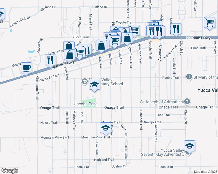 map of restaurants, bars, coffee shops, grocery stores, and more near 7552 Elk Trail in Yucca Valley