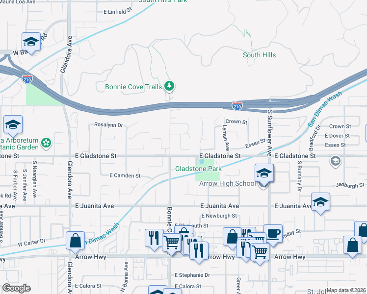 map of restaurants, bars, coffee shops, grocery stores, and more near 1340 Suffolk Avenue in Glendora
