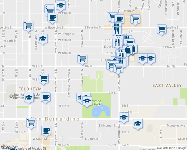 map of restaurants, bars, coffee shops, grocery stores, and more near 851 North Lugo Avenue in San Bernardino