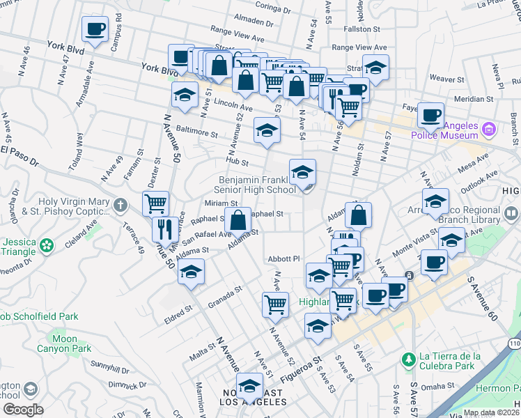 map of restaurants, bars, coffee shops, grocery stores, and more near 5315 Raphael Street in Los Angeles