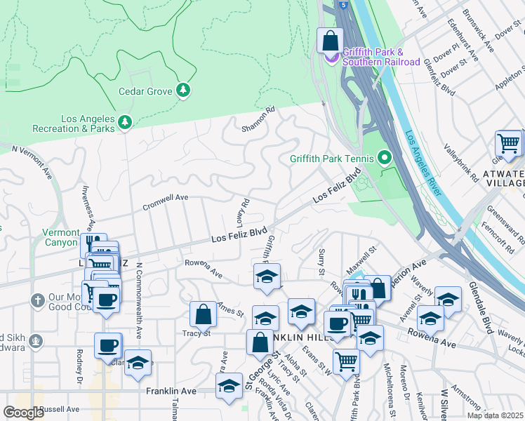 map of restaurants, bars, coffee shops, grocery stores, and more near 3360 Ley Drive in Los Angeles