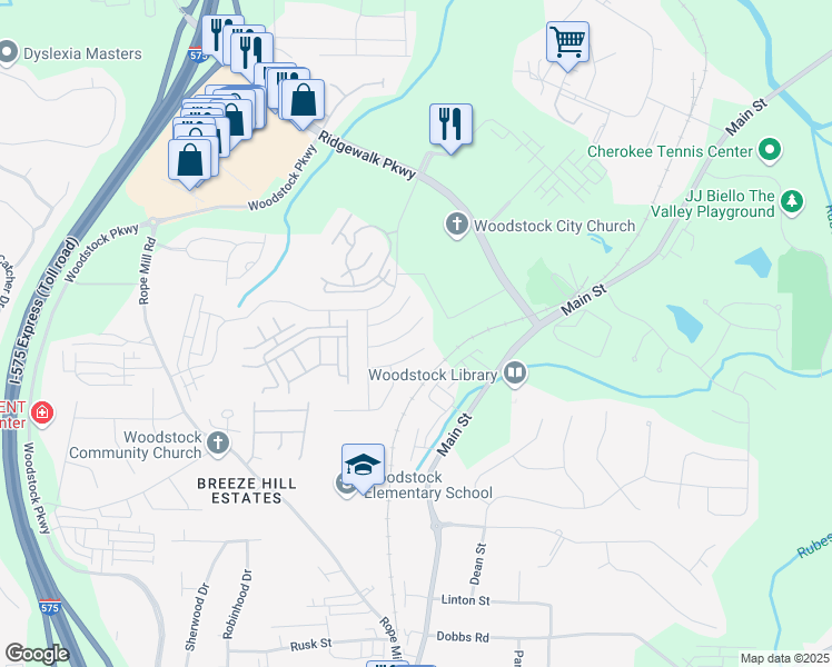 map of restaurants, bars, coffee shops, grocery stores, and more near 320 Tuggle Court in Woodstock