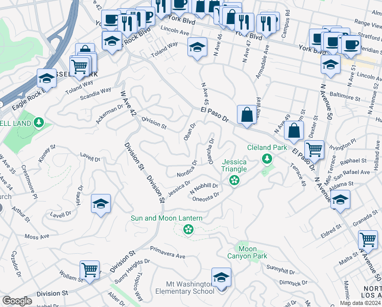 map of restaurants, bars, coffee shops, grocery stores, and more near 1046 Oban Drive in Los Angeles