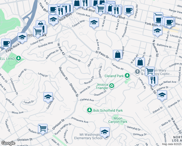 map of restaurants, bars, coffee shops, grocery stores, and more near 1046 Oban Drive in Los Angeles